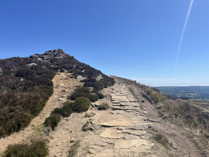 This image shows a scenic hiking trail on a bright, sunny day.
